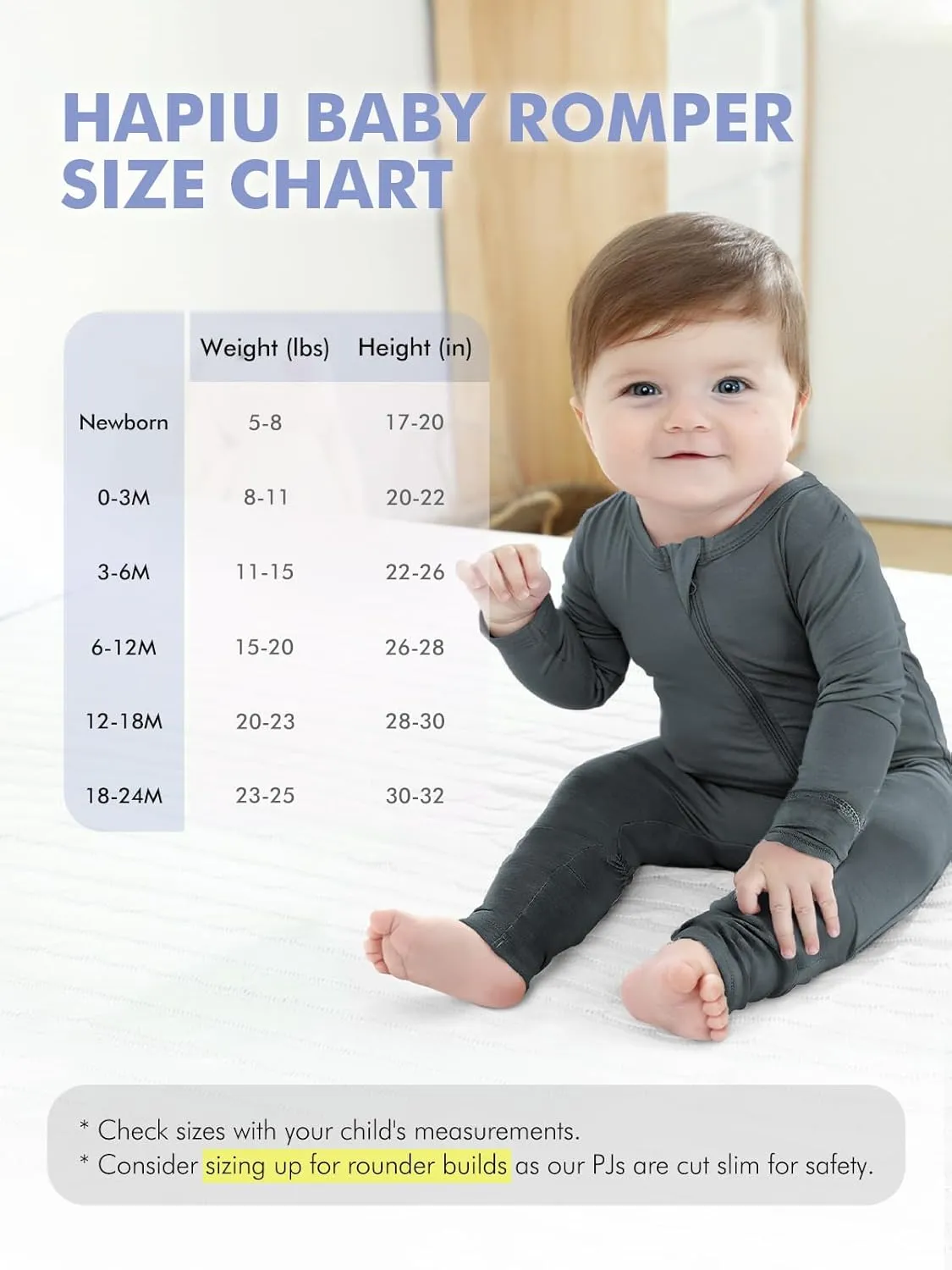 HAPIU Unisex Rayon Made from Bamboo Baby Rompers with Cuffs, 2 Way Zipper YKK, Footless Pajamas Jumpsuit