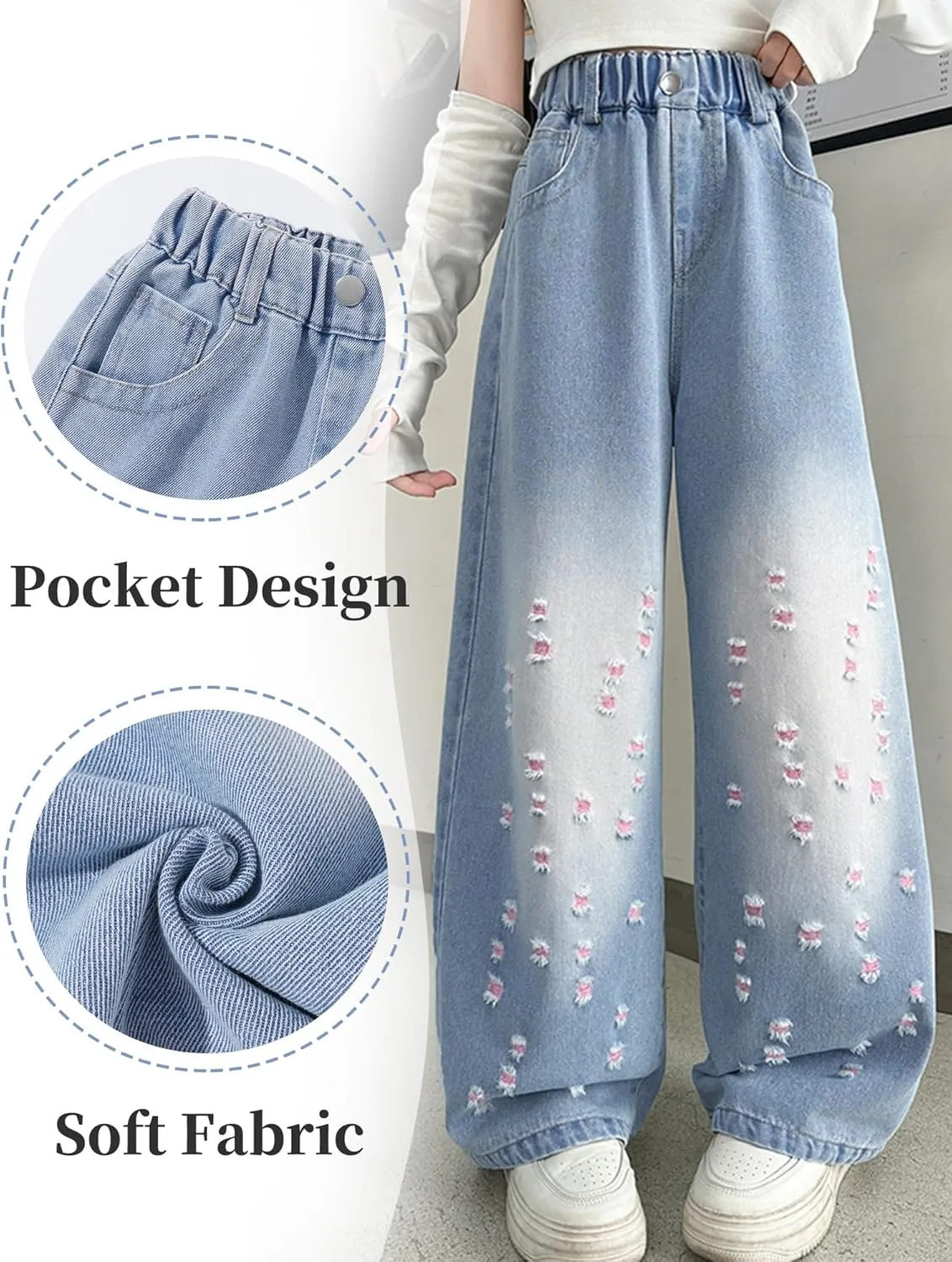Happy Cherry Girls Casual Baggy Wide Leg Jeans Kids Fashion Elastic Waist Straight Loose Denim Pants Trousers