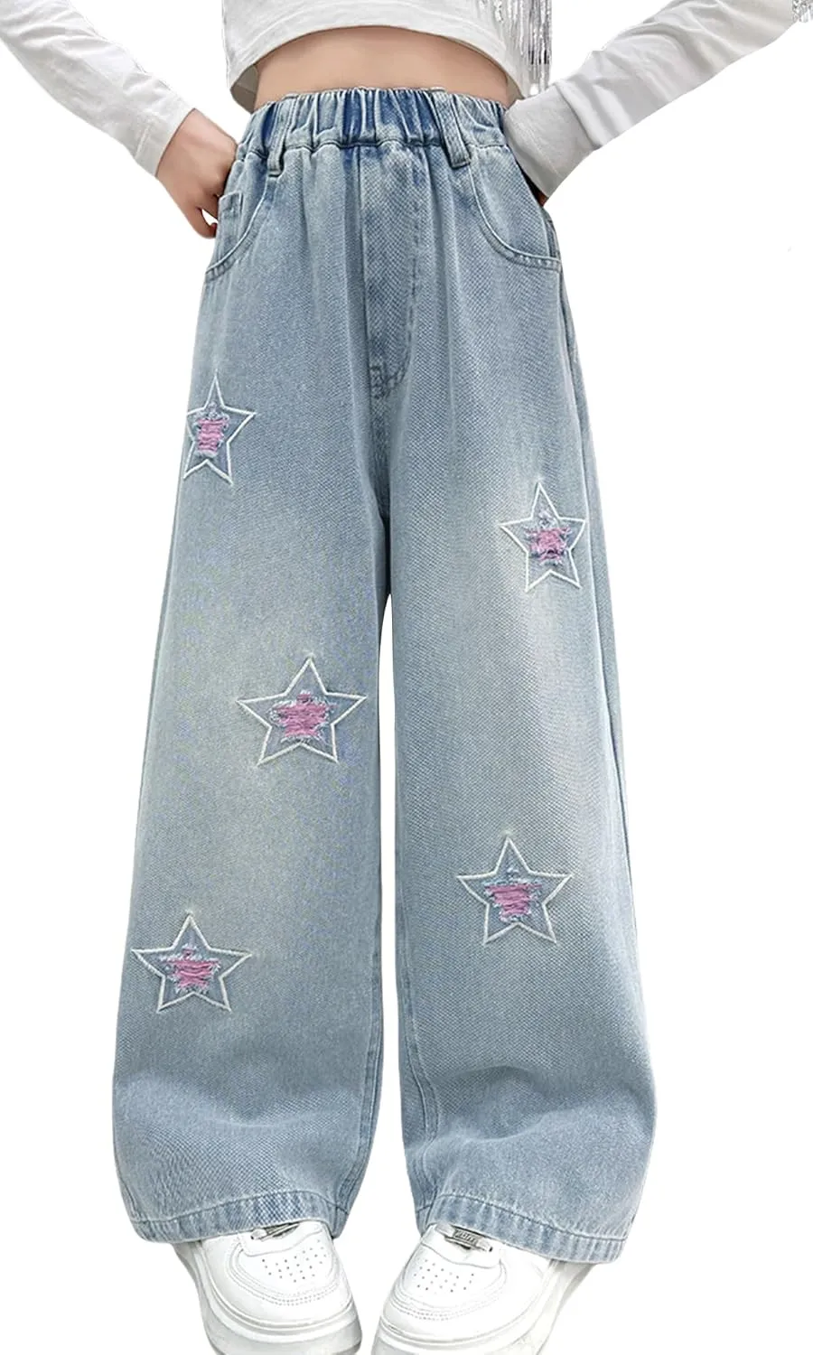 Happy Cherry Girls Casual Baggy Wide Leg Jeans Kids Fashion Elastic Waist Straight Loose Denim Pants Trousers