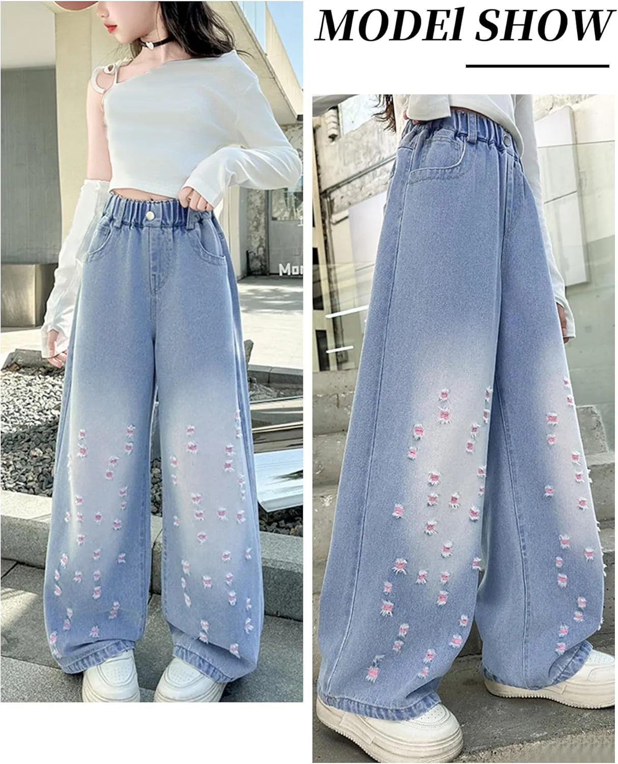 Happy Cherry Girls Casual Baggy Wide Leg Jeans Kids Fashion Elastic Waist Straight Loose Denim Pants Trousers