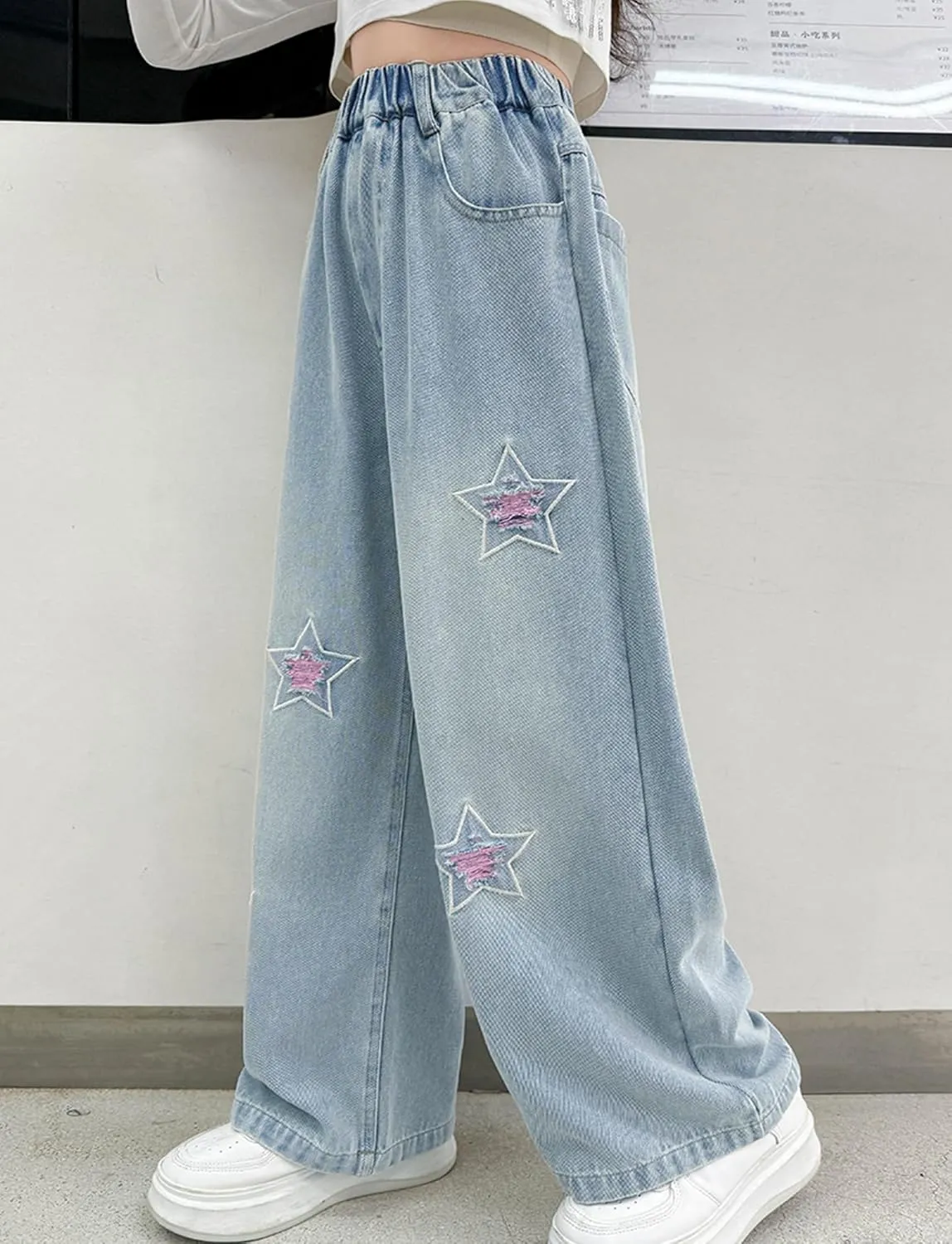 Happy Cherry Girls Casual Baggy Wide Leg Jeans Kids Fashion Elastic Waist Straight Loose Denim Pants Trousers
