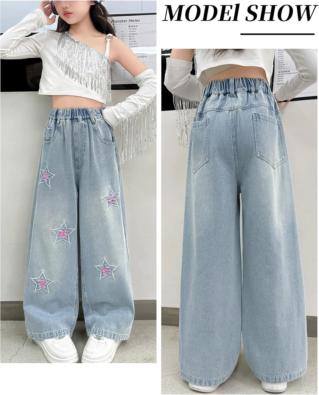 Happy Cherry Girls Casual Baggy Wide Leg Jeans Kids Fashion Elastic Waist Straight Loose Denim Pants Trousers