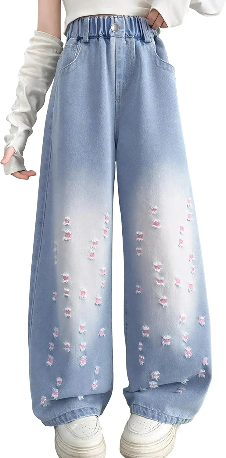 Happy Cherry Girls Casual Baggy Wide Leg Jeans Kids Fashion Elastic Waist Straight Loose Denim Pants Trousers
