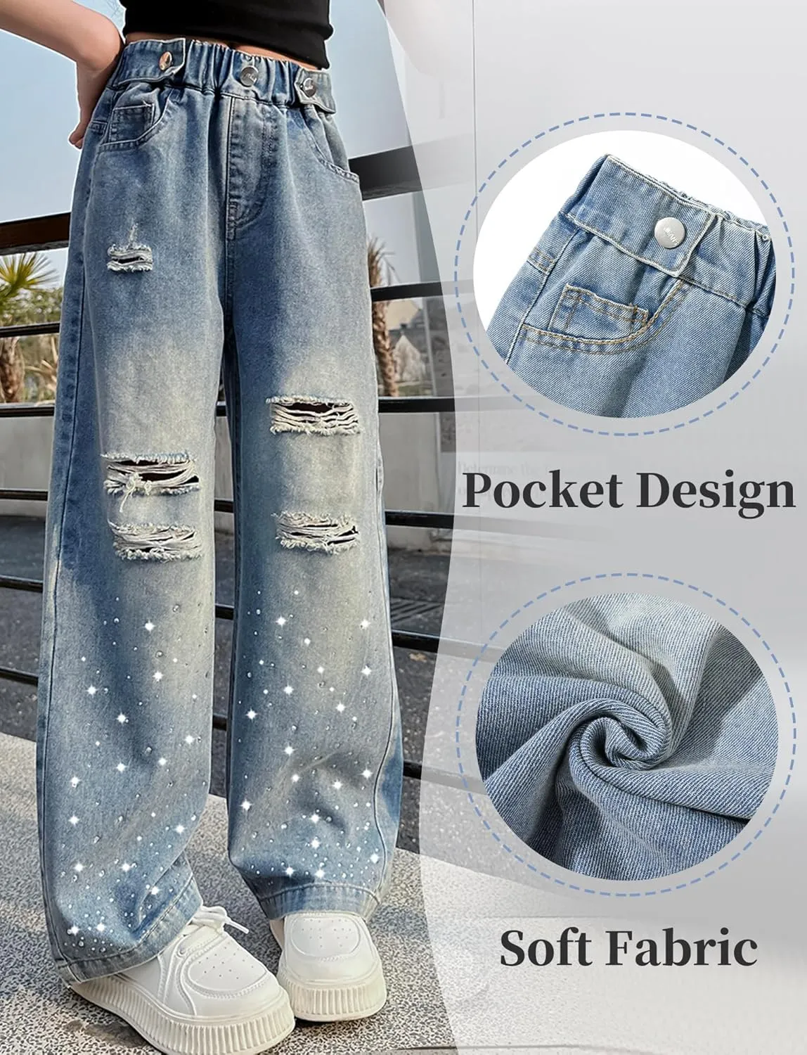 Happy Cherry Girls Casual Baggy Wide Leg Jeans Kids Fashion Elastic Waist Straight Loose Denim Pants Trousers