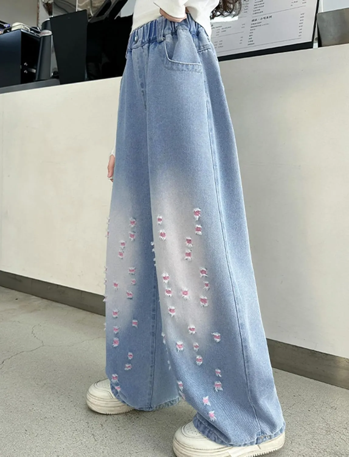 Happy Cherry Girls Casual Baggy Wide Leg Jeans Kids Fashion Elastic Waist Straight Loose Denim Pants Trousers