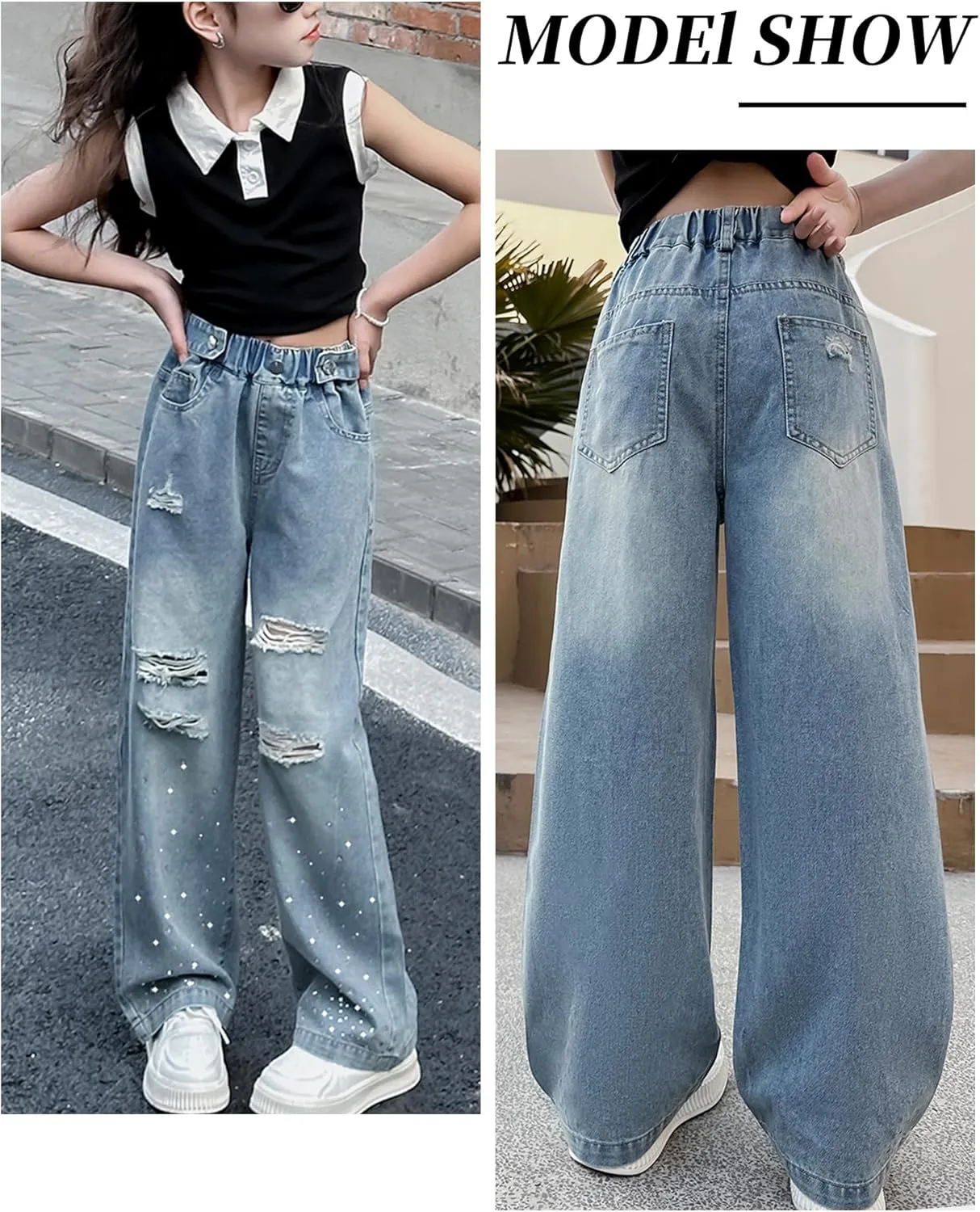 Happy Cherry Girls Casual Baggy Wide Leg Jeans Kids Fashion Elastic Waist Straight Loose Denim Pants Trousers