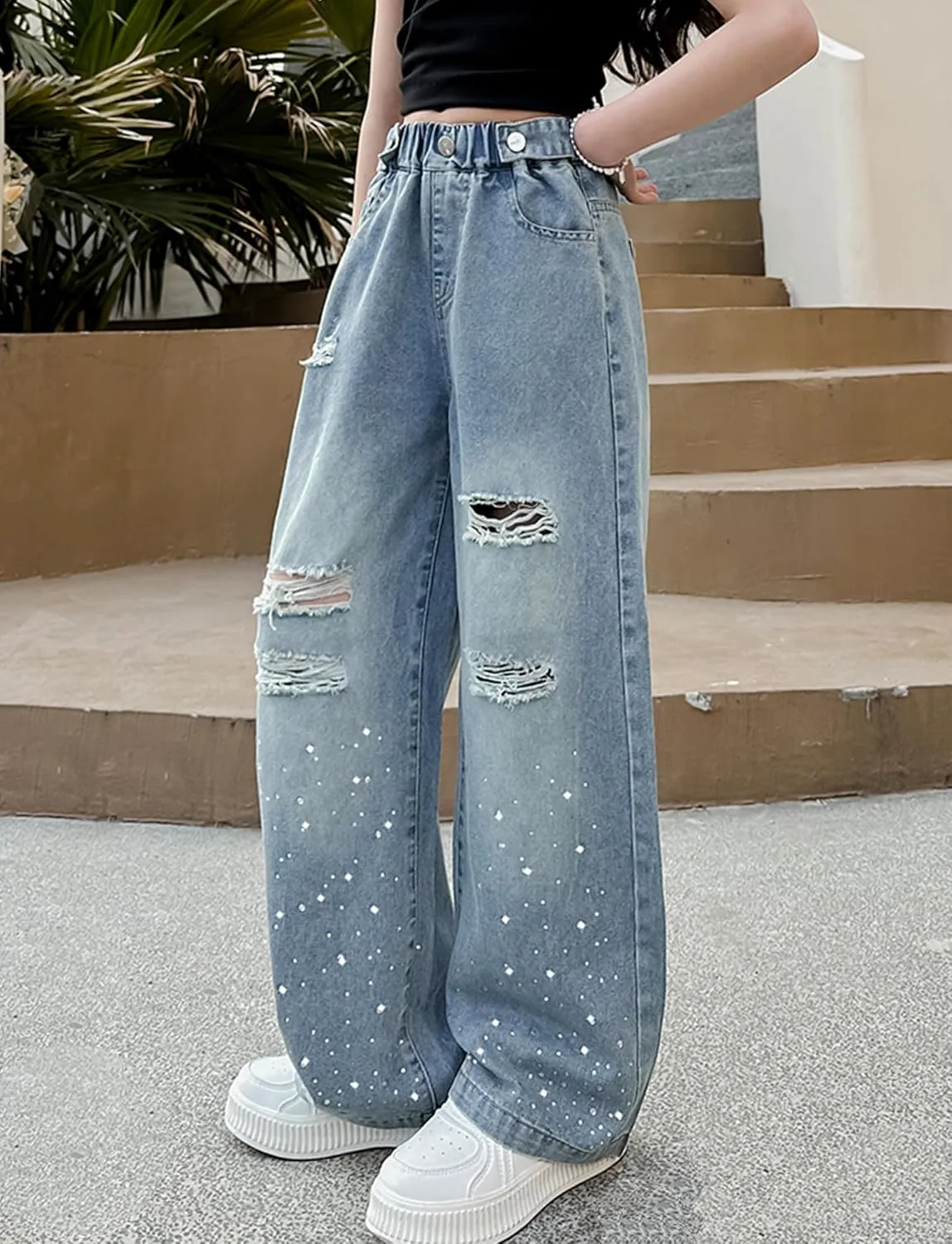 Happy Cherry Girls Casual Baggy Wide Leg Jeans Kids Fashion Elastic Waist Straight Loose Denim Pants Trousers