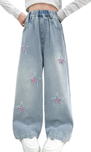 Happy Cherry Girls Casual Baggy Wide Leg Jeans Kids Fashion Elastic Waist Straight Loose Denim Pants Trousers
