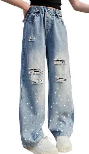 Happy Cherry Girls Casual Baggy Wide Leg Jeans Kids Fashion Elastic Waist Straight Loose Denim Pants Trousers