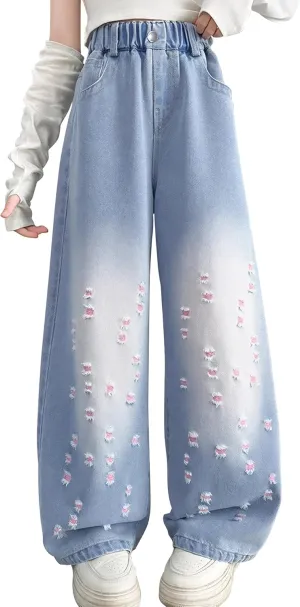 Happy Cherry Girls Casual Baggy Wide Leg Jeans Kids Fashion Elastic Waist Straight Loose Denim Pants Trousers
