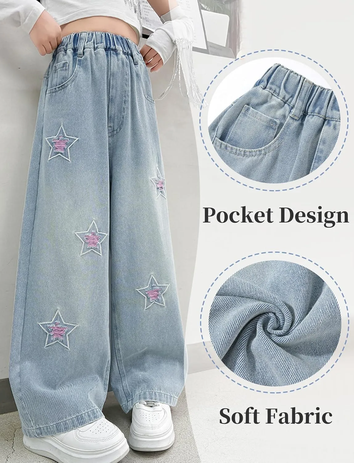Happy Cherry Girls Casual Baggy Wide Leg Jeans Kids Fashion Elastic Waist Straight Loose Denim Pants Trousers