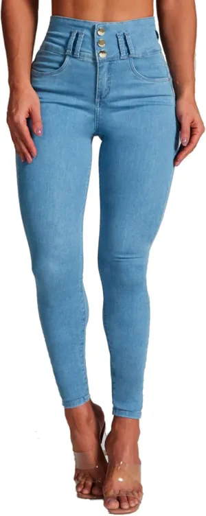 High Waisted Skinny Jeans, 4-Way Stretch Denim, Tummy Control, Light and Dark Blue