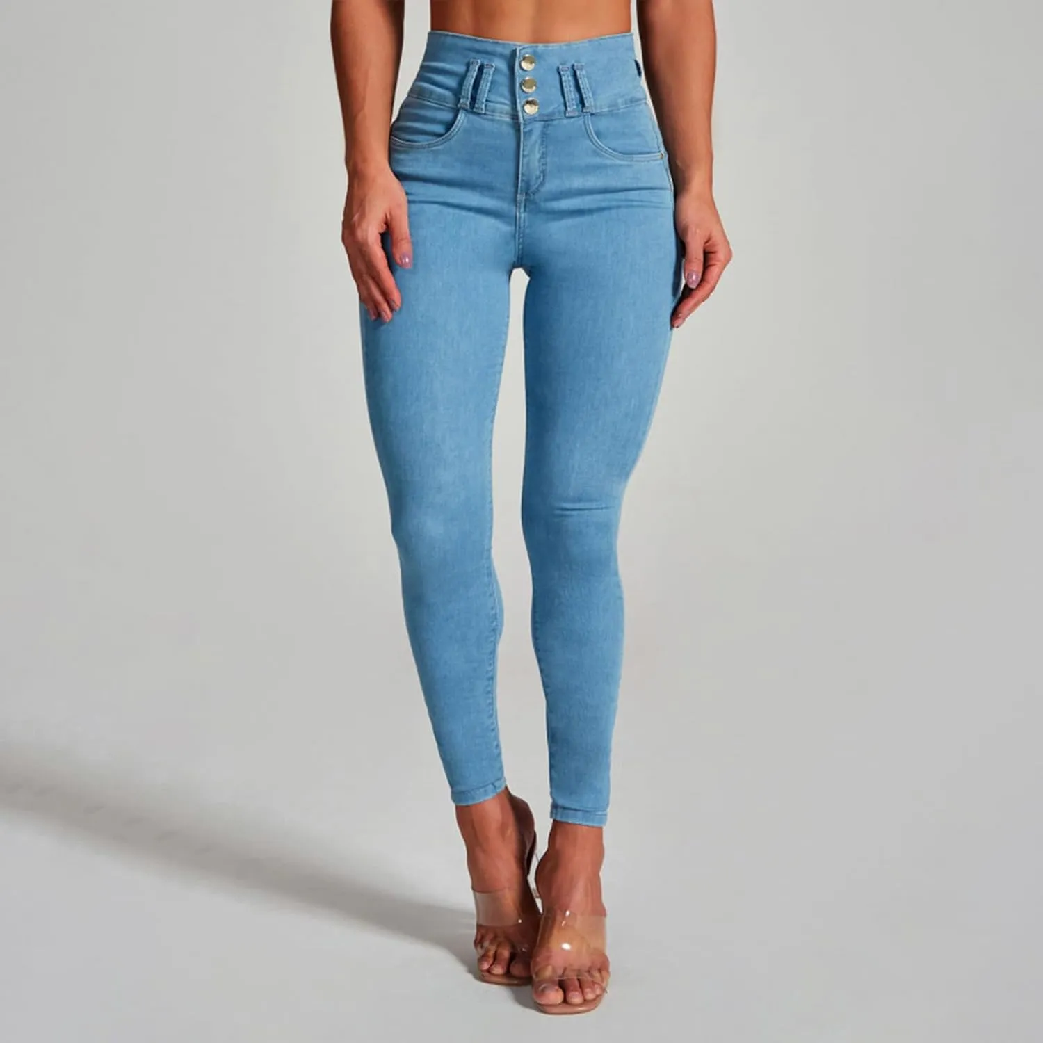 High Waisted Skinny Jeans, 4-Way Stretch Denim, Tummy Control, Light and Dark Blue