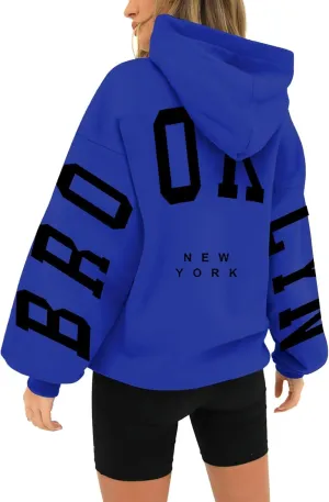 Hoodie Women Long Sleeve Sweatshirts New York U.S.A. Printed Hoodie Pocket Drop Shoulder Pullovers Top