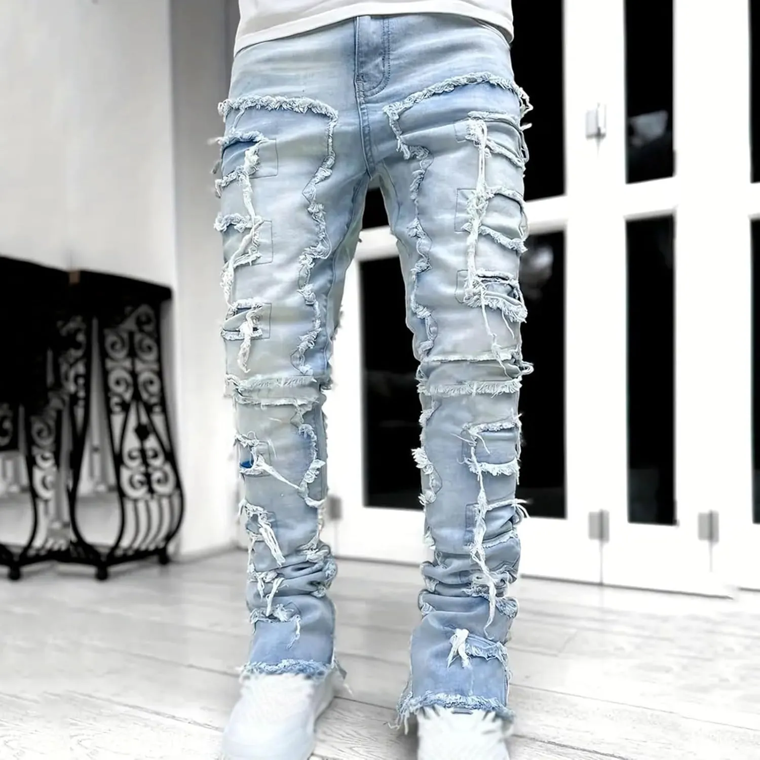 Jeans for Men Regular Fit Men's Slim Fit Stretch Jeans Distressed Patchwork Stacked Frayed Straight Leg Skinny Denim