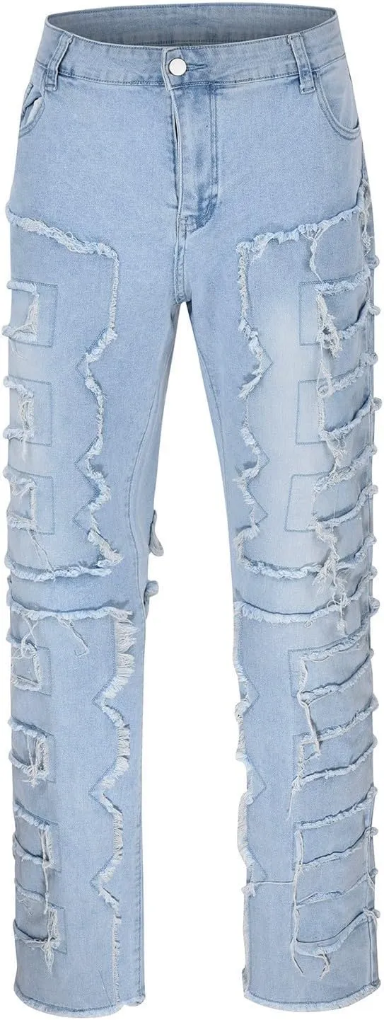Jeans for Men Regular Fit Men's Slim Fit Stretch Jeans Distressed Patchwork Stacked Frayed Straight Leg Skinny Denim