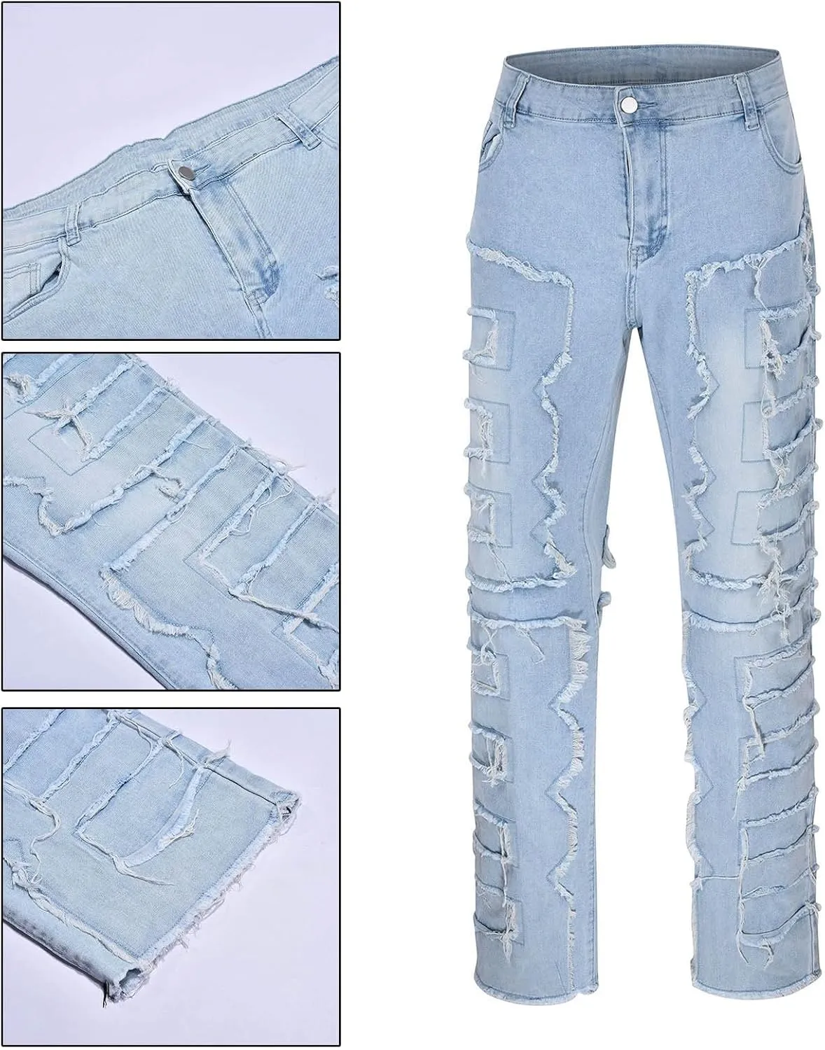 Jeans for Men Regular Fit Men's Slim Fit Stretch Jeans Distressed Patchwork Stacked Frayed Straight Leg Skinny Denim