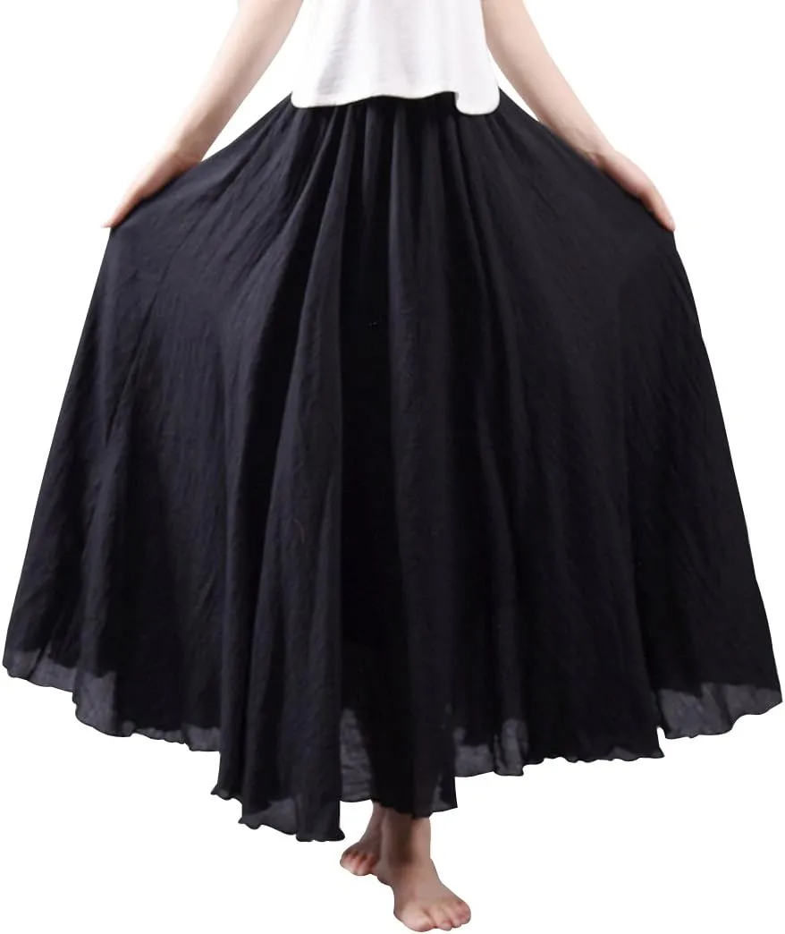Kafeimali Women Bohemian Cotton Linen Double Layer Elastic Waist Long Maxi Skirt