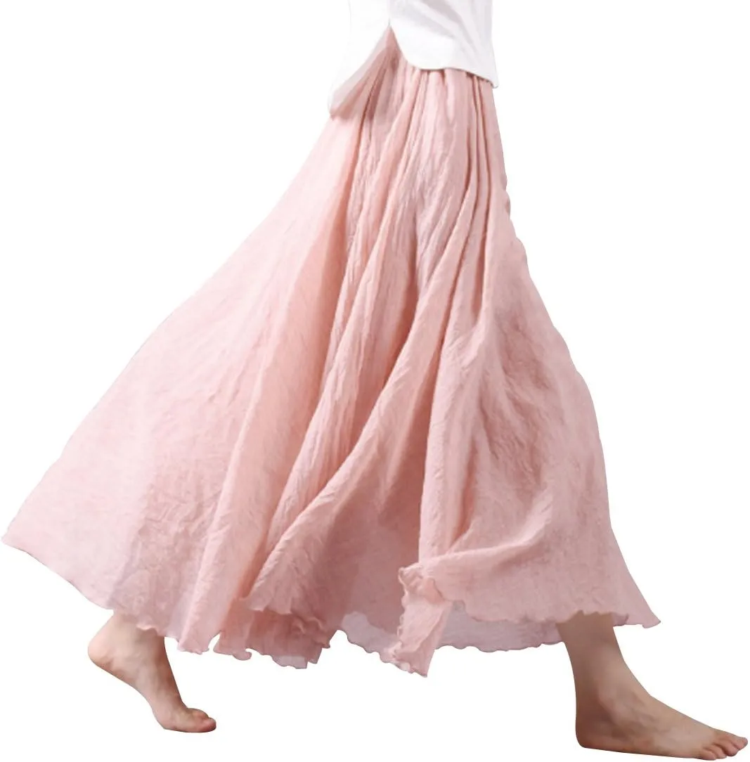 Kafeimali Women Bohemian Cotton Linen Double Layer Elastic Waist Long Maxi Skirt