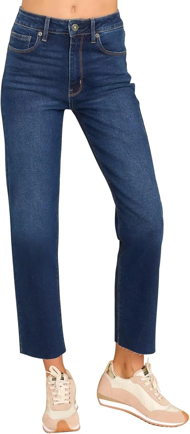 KDF Women's Cropped Straight Leg Jeans - High Waisted Jeans for Women 7/8 Length Denim Pants with Crop Hem