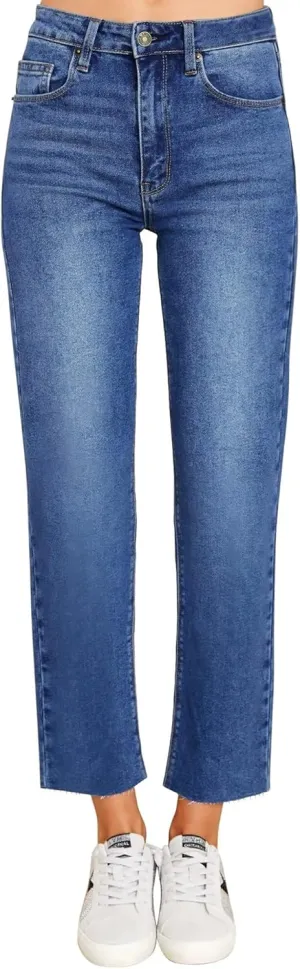 KDF Women's Cropped Straight Leg Jeans - High Waisted Jeans for Women 7/8 Length Denim Pants with Crop Hem