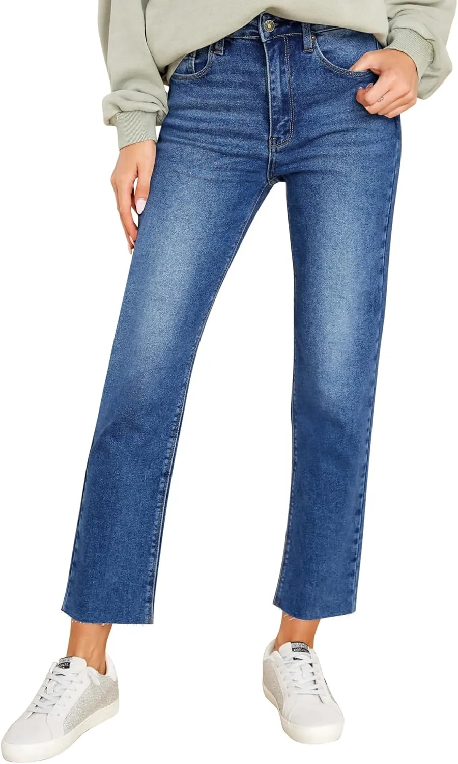 KDF Women's Cropped Straight Leg Jeans - High Waisted Jeans for Women 7/8 Length Denim Pants with Crop Hem