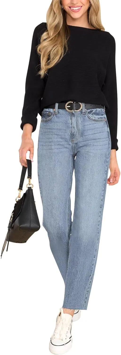 KDF Women's Cropped Straight Leg Jeans - High Waisted Jeans for Women 7/8 Length Denim Pants with Crop Hem