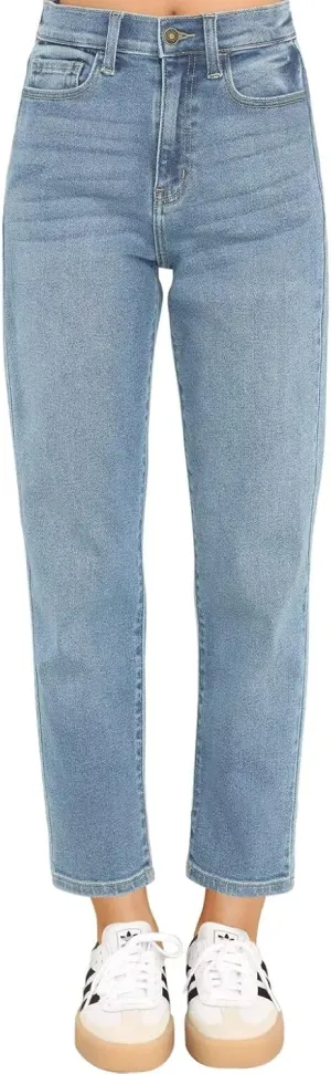 KDF Women's Cropped Straight Leg Jeans - High Waisted Jeans for Women 7/8 Length Denim Pants with Crop Hem
