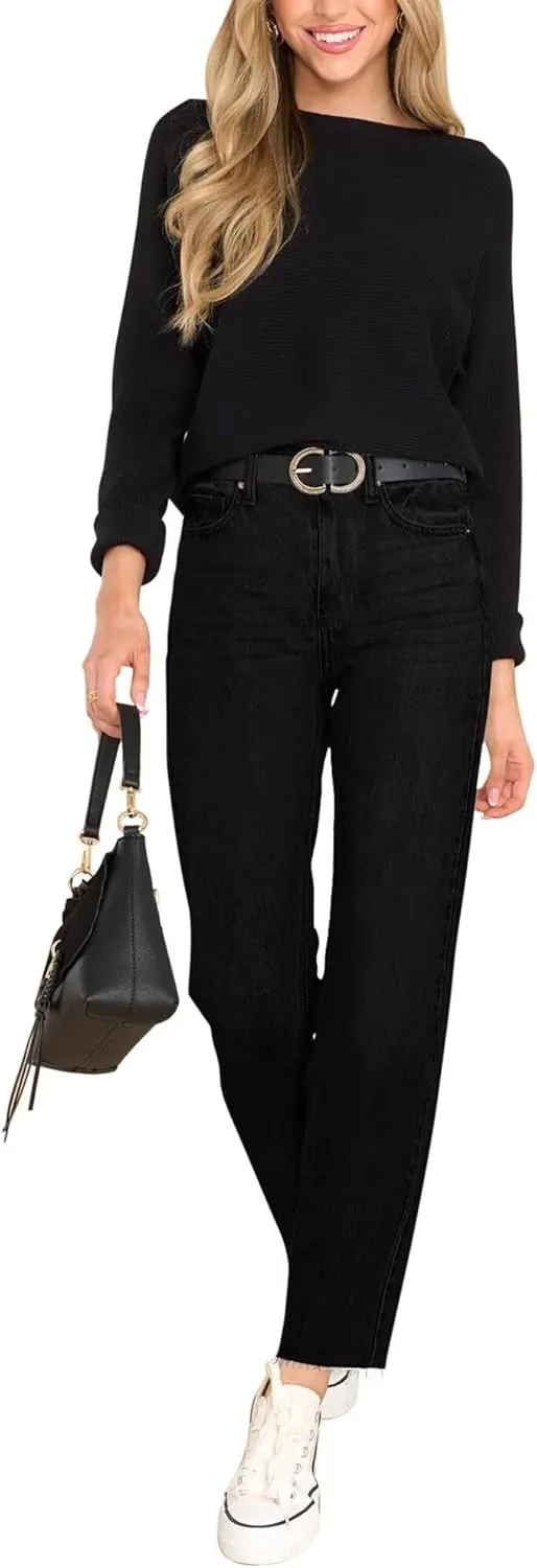 KDF Women's Cropped Straight Leg Jeans - High Waisted Jeans for Women 7/8 Length Denim Pants with Crop Hem