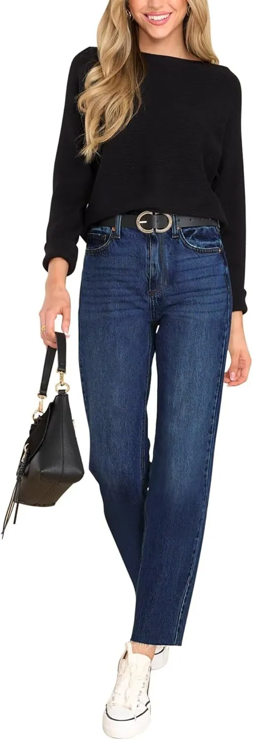 KDF Women's Cropped Straight Leg Jeans - High Waisted Jeans for Women 7/8 Length Denim Pants with Crop Hem