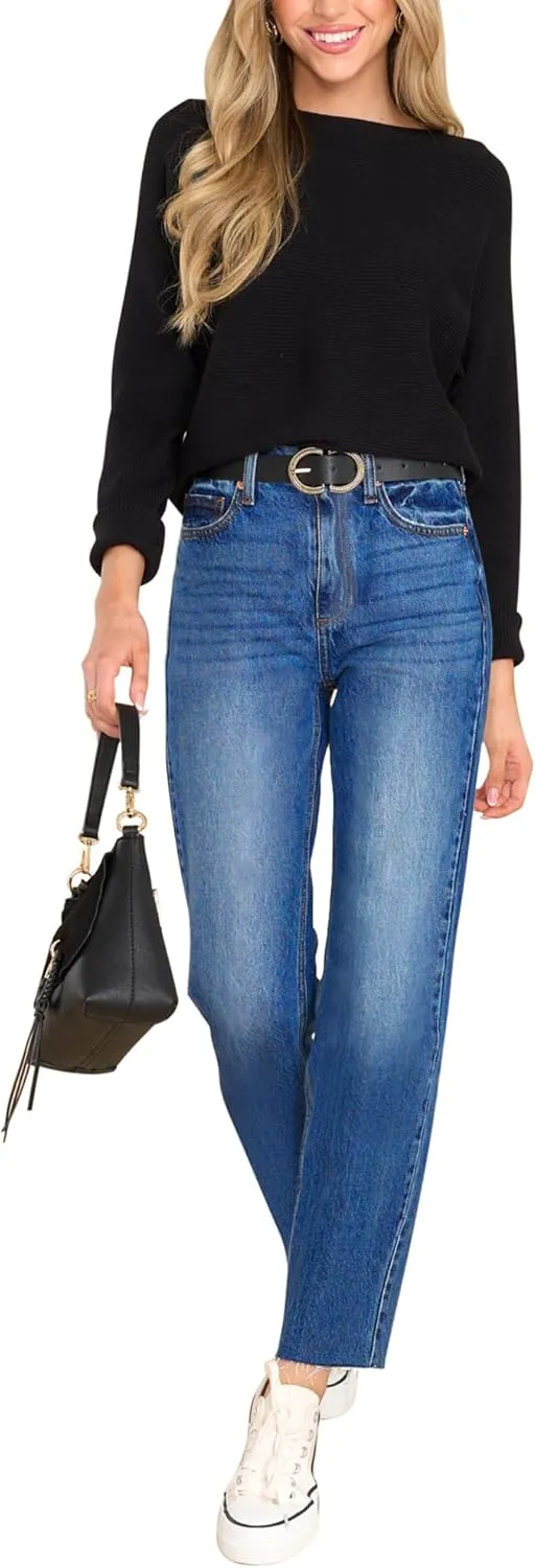 KDF Women's Cropped Straight Leg Jeans - High Waisted Jeans for Women 7/8 Length Denim Pants with Crop Hem