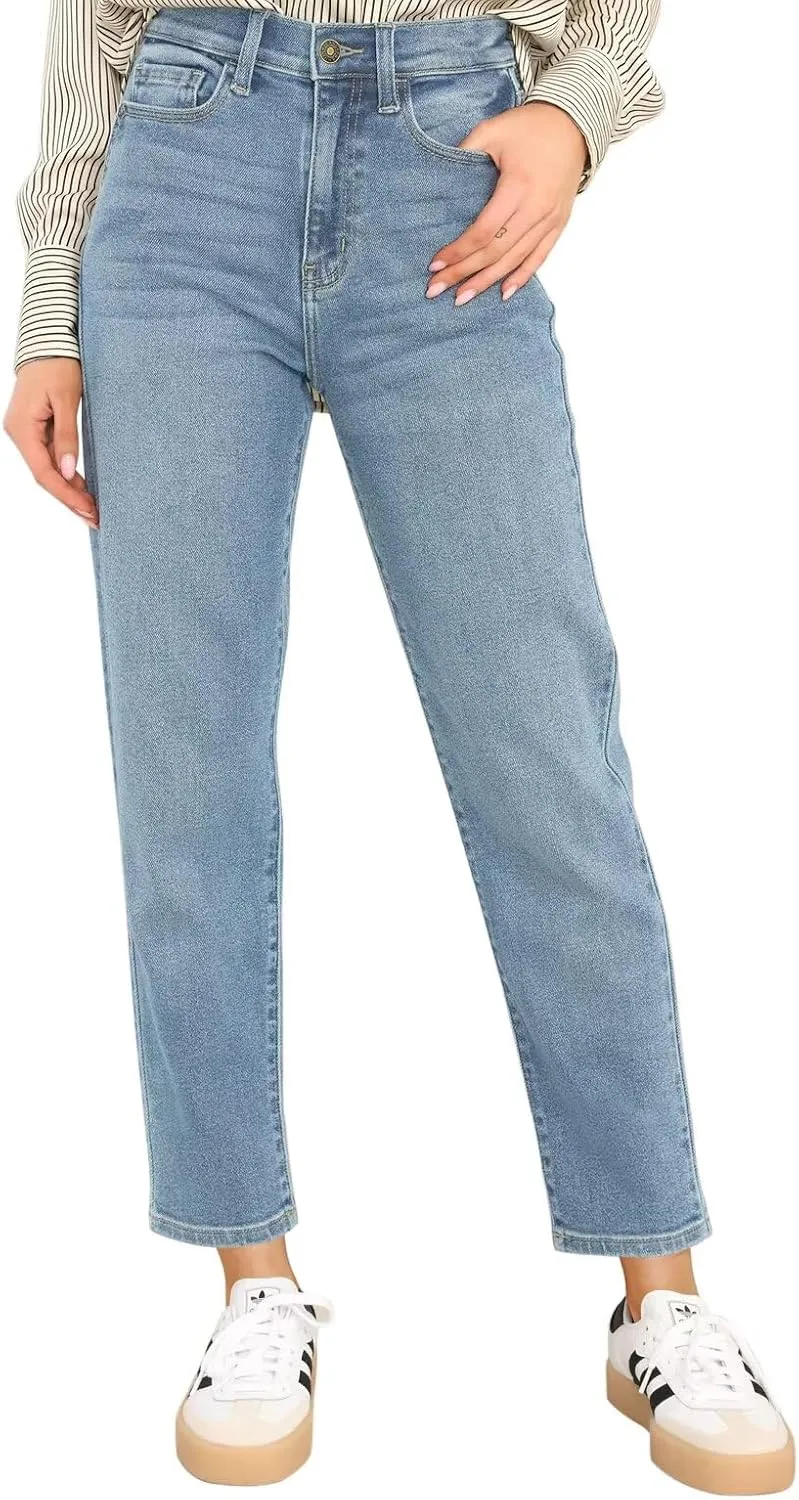 KDF Women's Cropped Straight Leg Jeans - High Waisted Jeans for Women 7/8 Length Denim Pants with Crop Hem