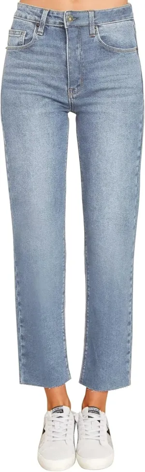KDF Women's Cropped Straight Leg Jeans - High Waisted Jeans for Women 7/8 Length Denim Pants with Crop Hem