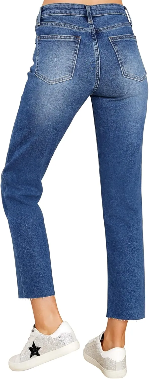 KDF Women's Cropped Straight Leg Jeans - High Waisted Jeans for Women 7/8 Length Denim Pants with Crop Hem