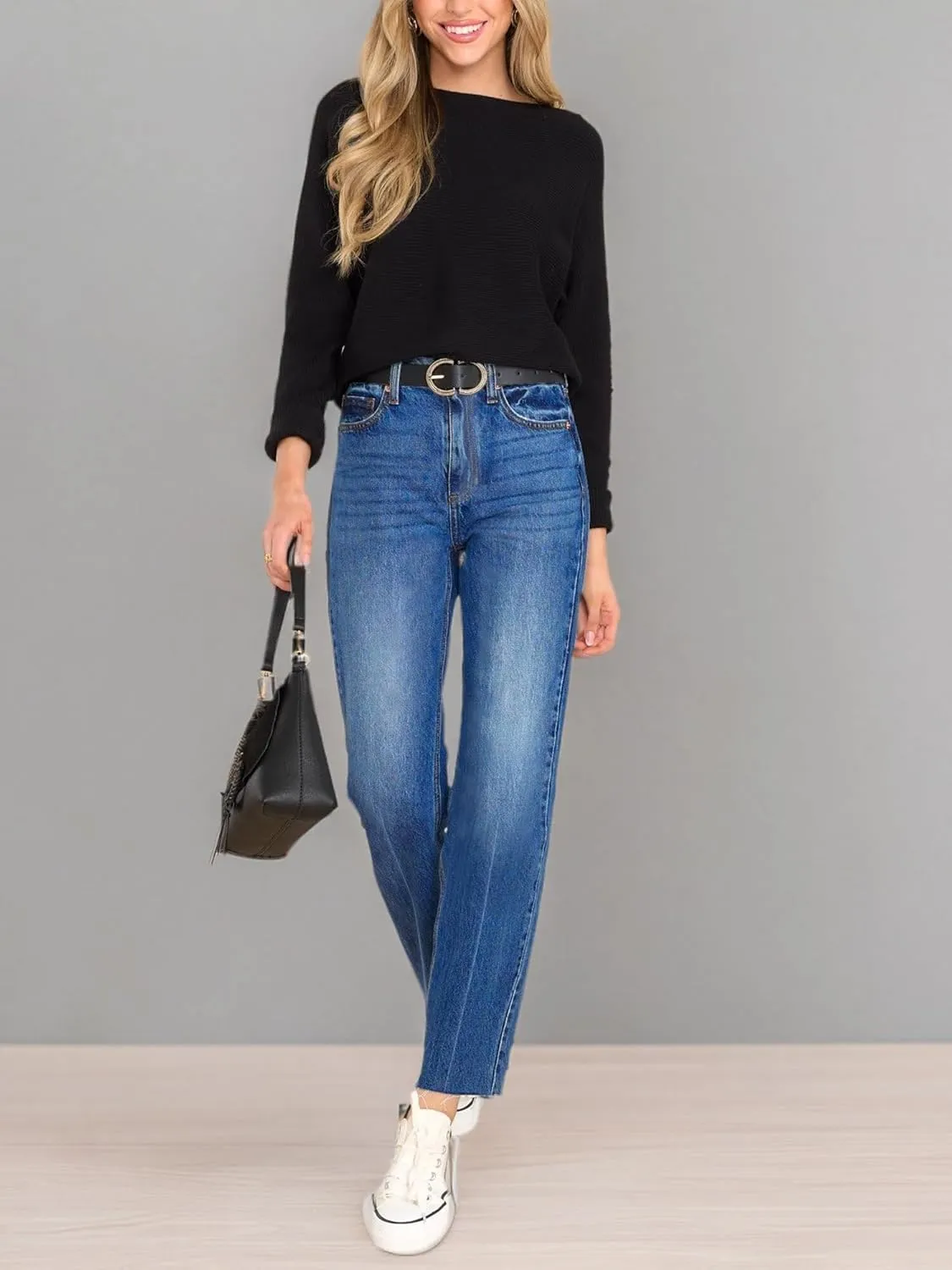 KDF Women's Cropped Straight Leg Jeans - High Waisted Jeans for Women 7/8 Length Denim Pants with Crop Hem