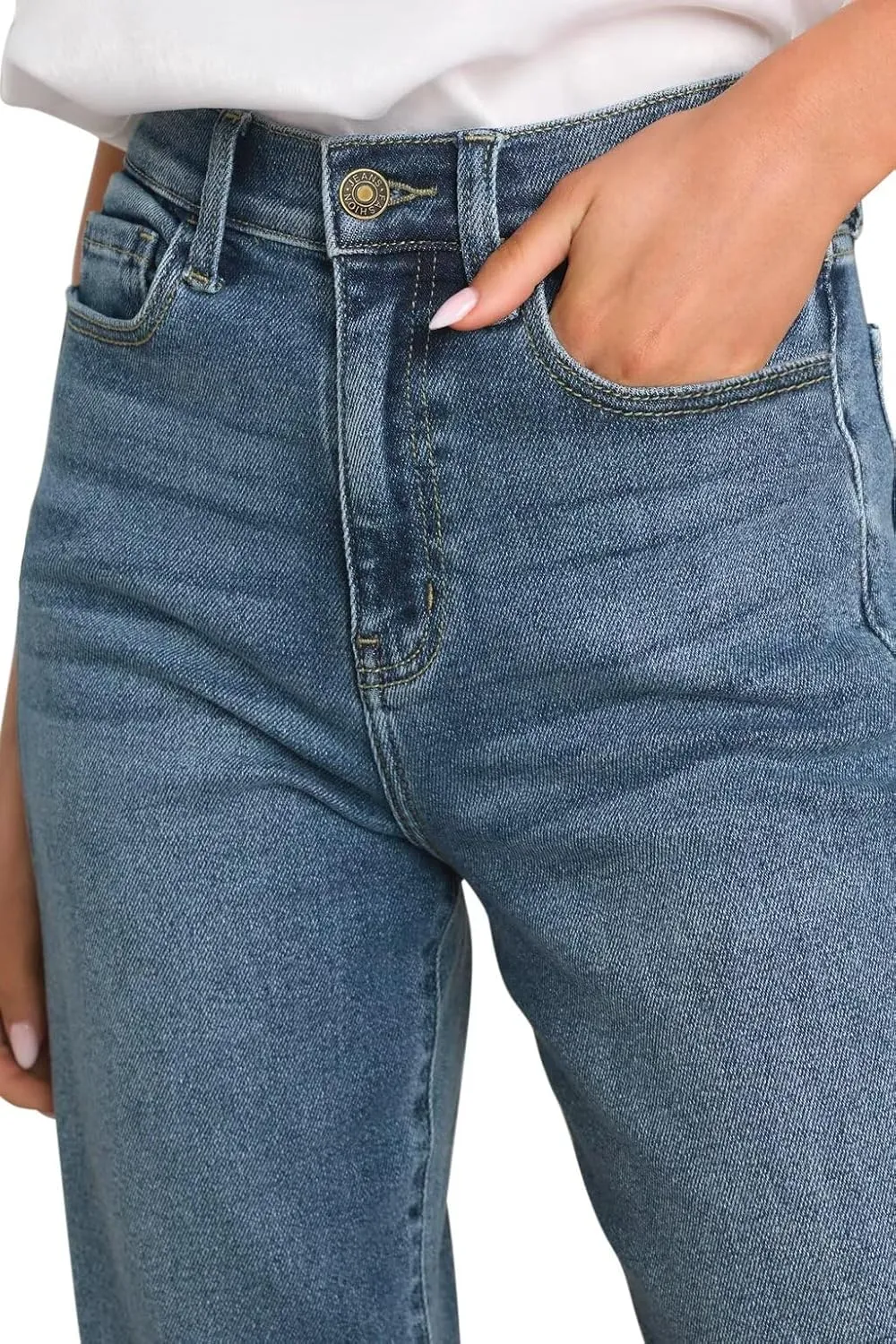 KDF Women's Cropped Straight Leg Jeans - High Waisted Jeans for Women 7/8 Length Denim Pants with Crop Hem