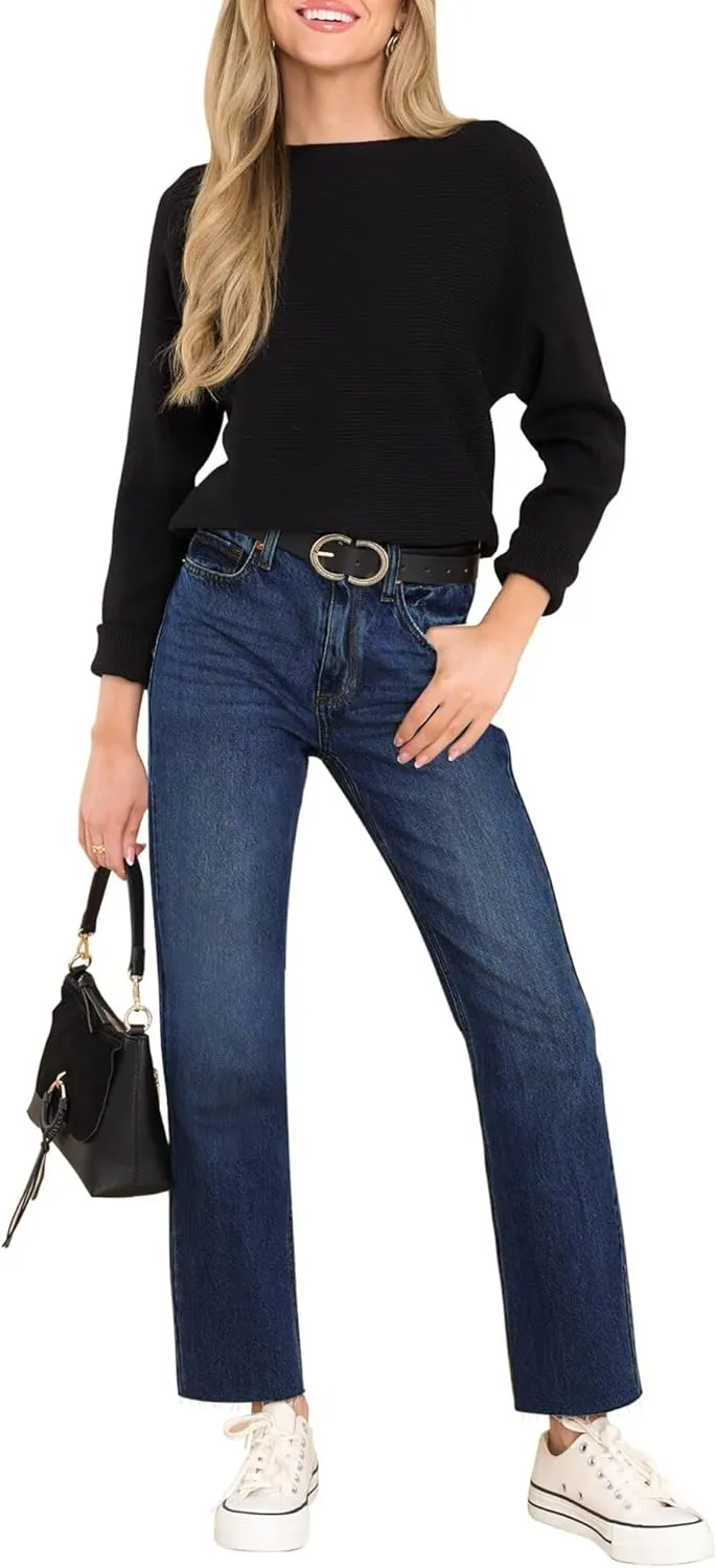 KDF Women's Cropped Straight Leg Jeans - High Waisted Jeans for Women 7/8 Length Denim Pants with Crop Hem