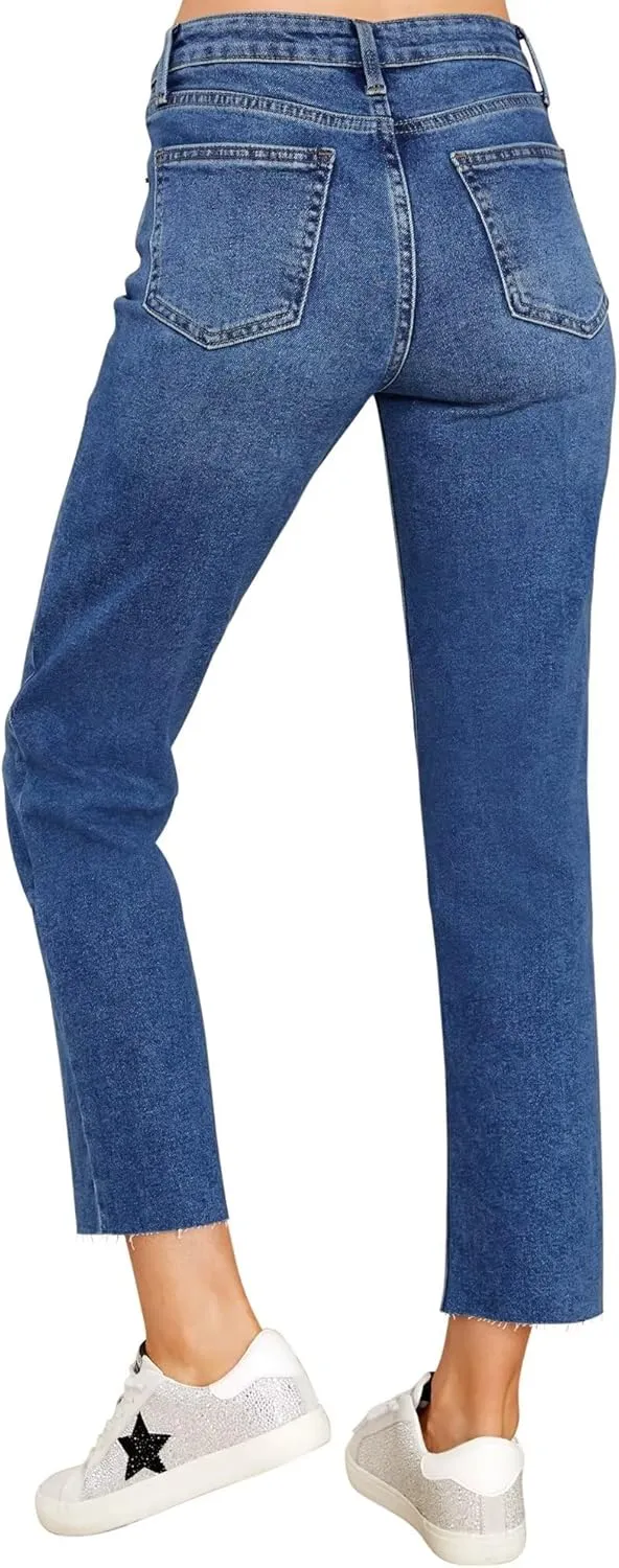 KDF Women's Cropped Straight Leg Jeans - High Waisted Jeans for Women 7/8 Length Denim Pants with Crop Hem