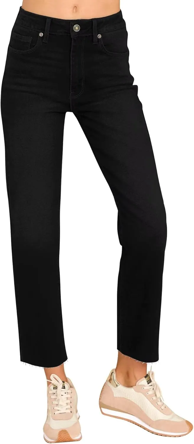 KDF Women's Cropped Straight Leg Jeans - High Waisted Jeans for Women 7/8 Length Denim Pants with Crop Hem
