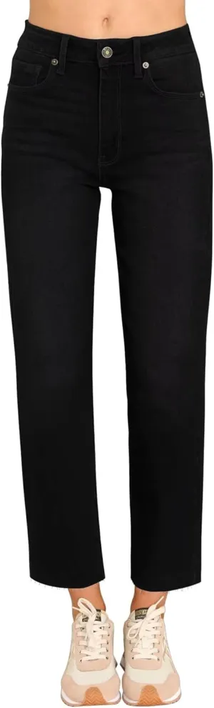 KDF Women's Cropped Straight Leg Jeans - High Waisted Jeans for Women 7/8 Length Denim Pants with Crop Hem
