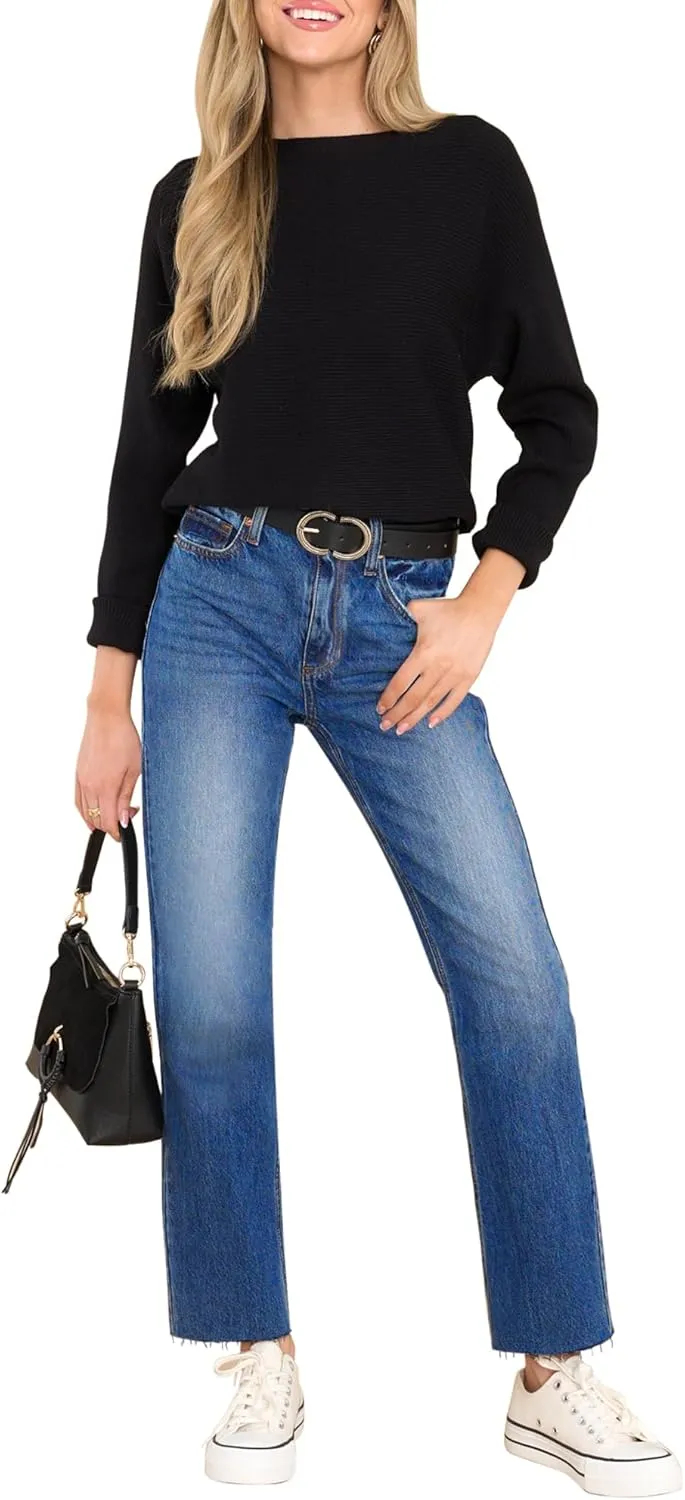 KDF Women's Cropped Straight Leg Jeans - High Waisted Jeans for Women 7/8 Length Denim Pants with Crop Hem
