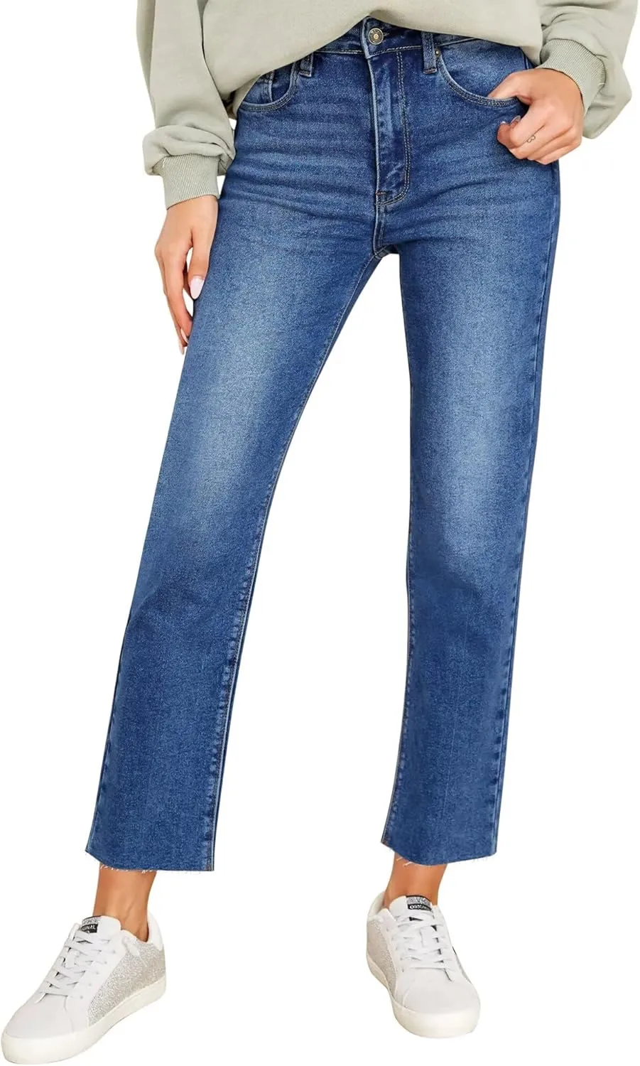 KDF Women's Cropped Straight Leg Jeans - High Waisted Jeans for Women 7/8 Length Denim Pants with Crop Hem