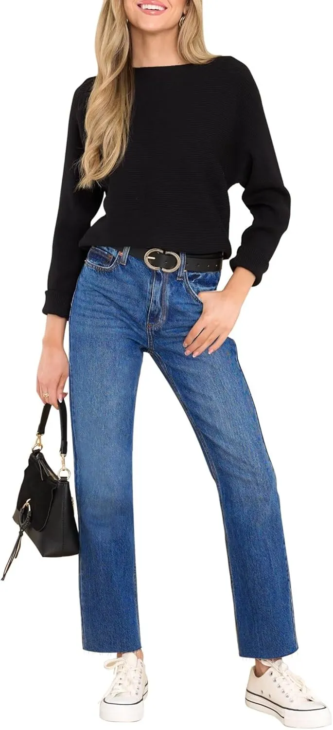 KDF Women's Cropped Straight Leg Jeans - High Waisted Jeans for Women 7/8 Length Denim Pants with Crop Hem