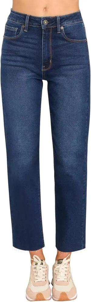 KDF Women's Cropped Straight Leg Jeans - High Waisted Jeans for Women 7/8 Length Denim Pants with Crop Hem