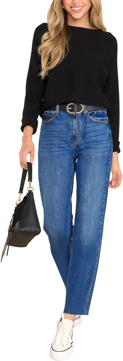 KDF Women's Cropped Straight Leg Jeans - High Waisted Jeans for Women 7/8 Length Denim Pants with Crop Hem