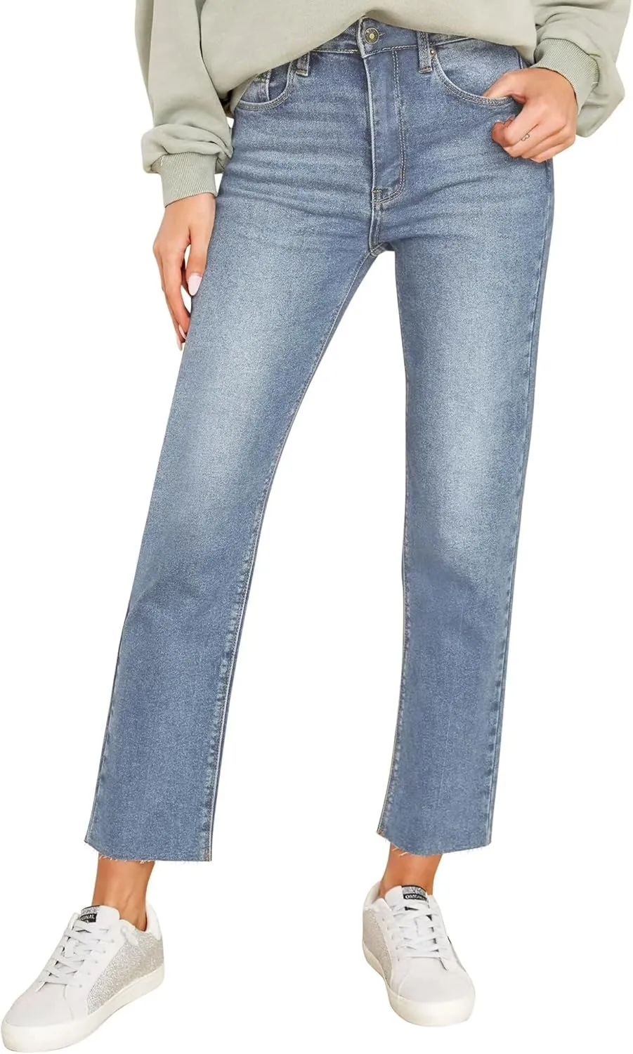 KDF Women's Cropped Straight Leg Jeans - High Waisted Jeans for Women 7/8 Length Denim Pants with Crop Hem