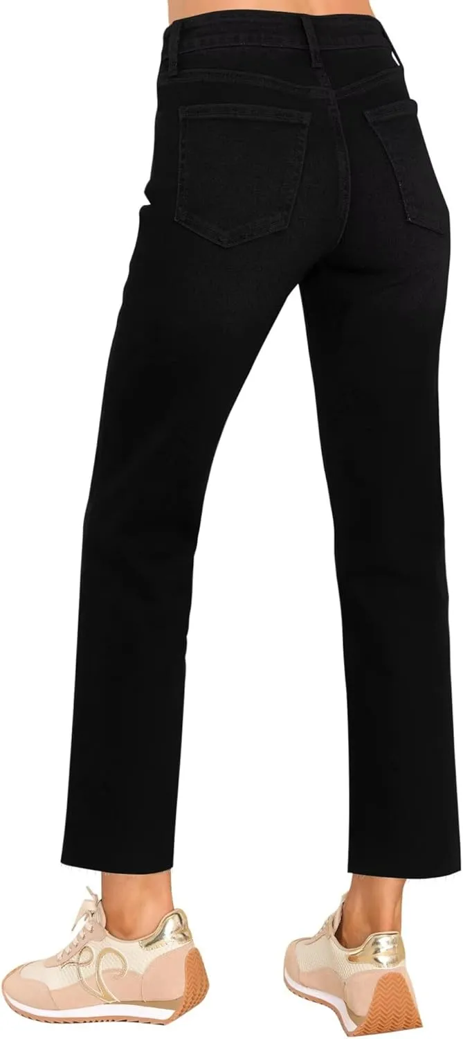 KDF Women's Cropped Straight Leg Jeans - High Waisted Jeans for Women 7/8 Length Denim Pants with Crop Hem
