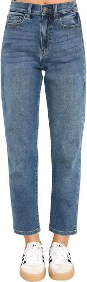 KDF Women's Cropped Straight Leg Jeans - High Waisted Jeans for Women 7/8 Length Denim Pants with Crop Hem