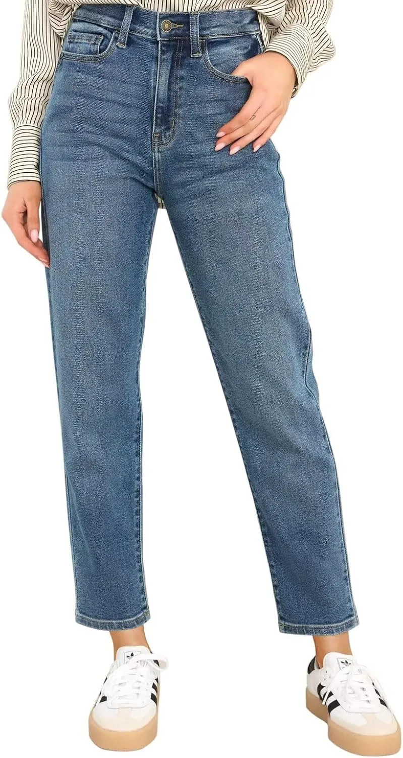 KDF Women's Cropped Straight Leg Jeans - High Waisted Jeans for Women 7/8 Length Denim Pants with Crop Hem