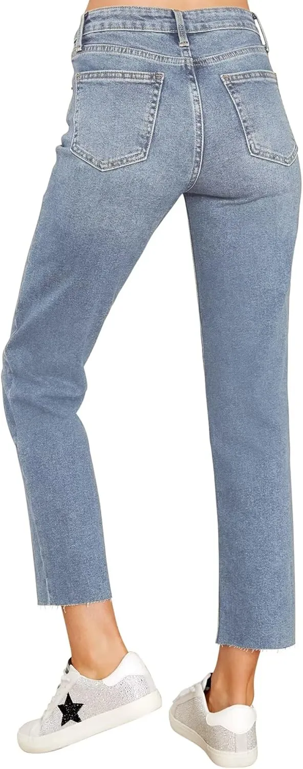 KDF Women's Cropped Straight Leg Jeans - High Waisted Jeans for Women 7/8 Length Denim Pants with Crop Hem
